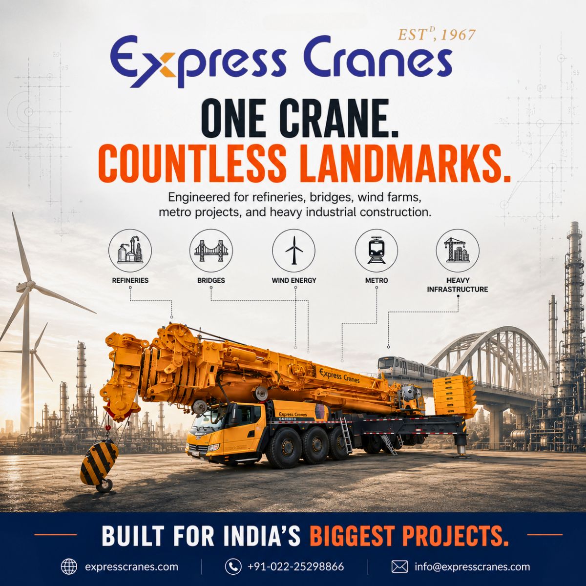 ExpressCra61360's tweet photo. 🏗️ One crane. Countless milestones.

From bridges to refineries, every landmark begins with a critical lift. Express Cranes brings the reach, reliability &amp; precision needed to keep India's biggest infrastructure projects moving.

#ExpressCranes #HeavyLifting #Infrastructure https://t.co/1lSbvEiSW5
