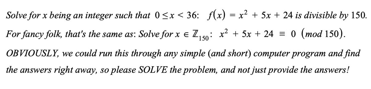 USDescartes's tweet photo. Problem of the Day!
Here's a modular arithmetic problem for y'all.
#POTD #Math #ModularArithmetic #NumberTheory #CRT https://t.co/Gp2fmXBP9V