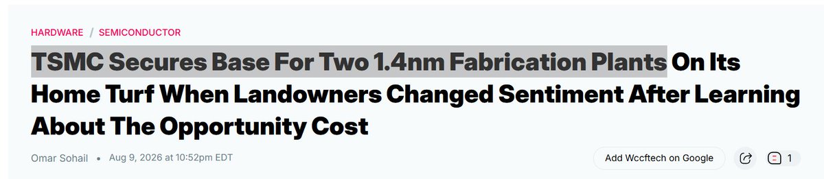 PhotonCap's tweet photo. - $TSM secured land for two 1.4nm fabrication plants and one advanced packaging facility in Taiwan

- Longtan Science Park expansion zone increased from 89.63 to 104.19 hectares

- $TSM estimates $49 billion initial investment for four sub-2nm plants; $AAPL expected to adopt first 1.4nm chips (A22 Pro) in 2028 iPhones.

Resolution of TSMC's Taiwan land acquisition removes near-term manufacturing roadblock for sub-2nm node deployment

Enabling Apple's 1.4nm SoC timeline and validating multi-fab strategy for advanced process capacity

This unblocks capital deployment for advanced node infrastructure at a critical juncture when sub-2nm maturity becomes competitive necessity