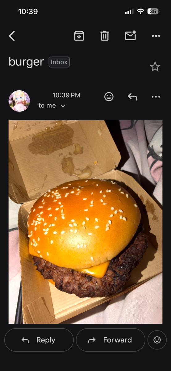 luvzcherrycrush's tweet photo. I told oomf to show me his burger and he proceeded to tell me to check my email https://t.co/wDGjKUOG0s