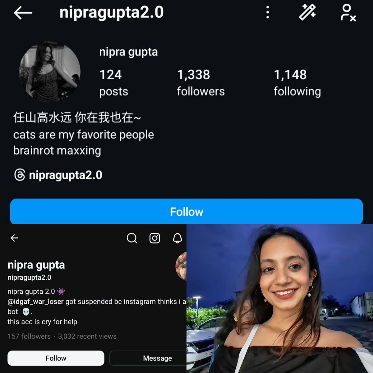 rima_chy17's tweet photo. Navya Didi’s surname is Gupta &amp; she’s from Andheri Mumbai. She keeps disrespecting PM Modi Ji with abusive remarks while openly supporting Rahul Gandhi &amp; literally simping for him in her pads. Chk her Threads acc her pics r all there.

If you hate her, get her ID banned. https://t.co/rbLuthTV1t