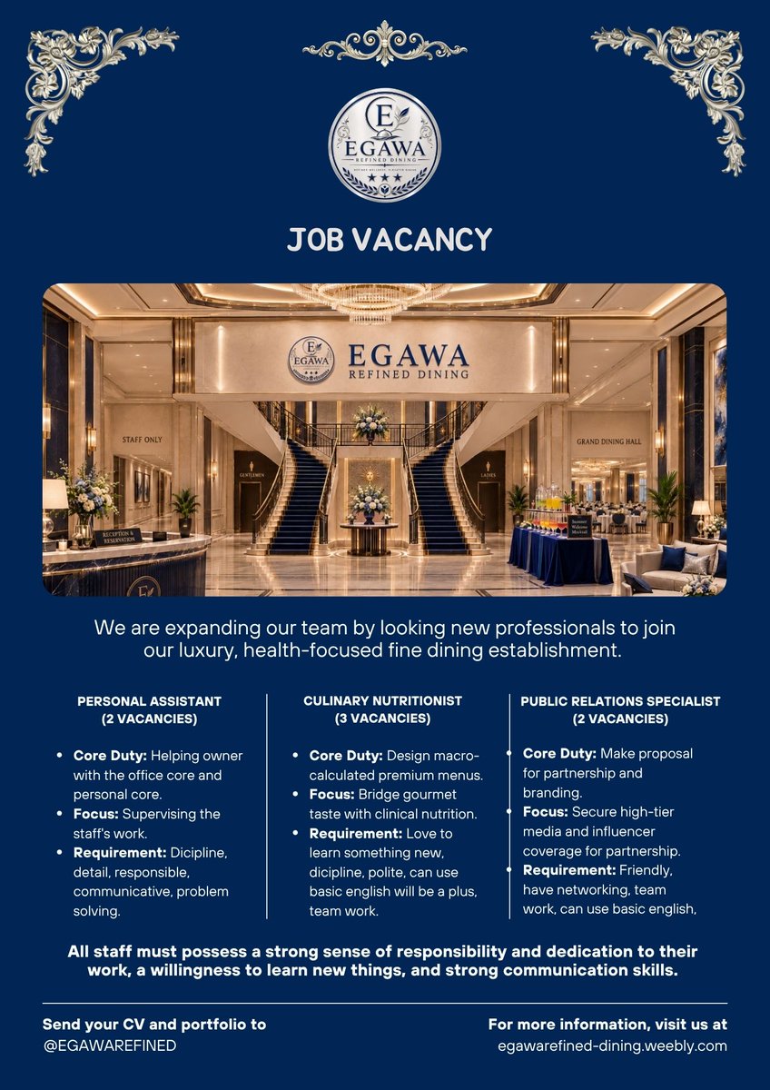 EGAWARESERVED's tweet photo. 𝐻𝑒𝑙𝑝 𝑅𝑇 𝑤𝑖𝑙𝑙 𝑏𝑒 𝑎𝑝𝑝𝑟𝑒𝑐𝑖𝑎𝑡𝑒. 

We are looking for more team to join our ERDFAMS.
If you want to grow your career and work in a premium culinary environment, we welcome you to apply and build a great future with us. 

Check out the details in the poster below. https://t.co/oI2AtbAF89