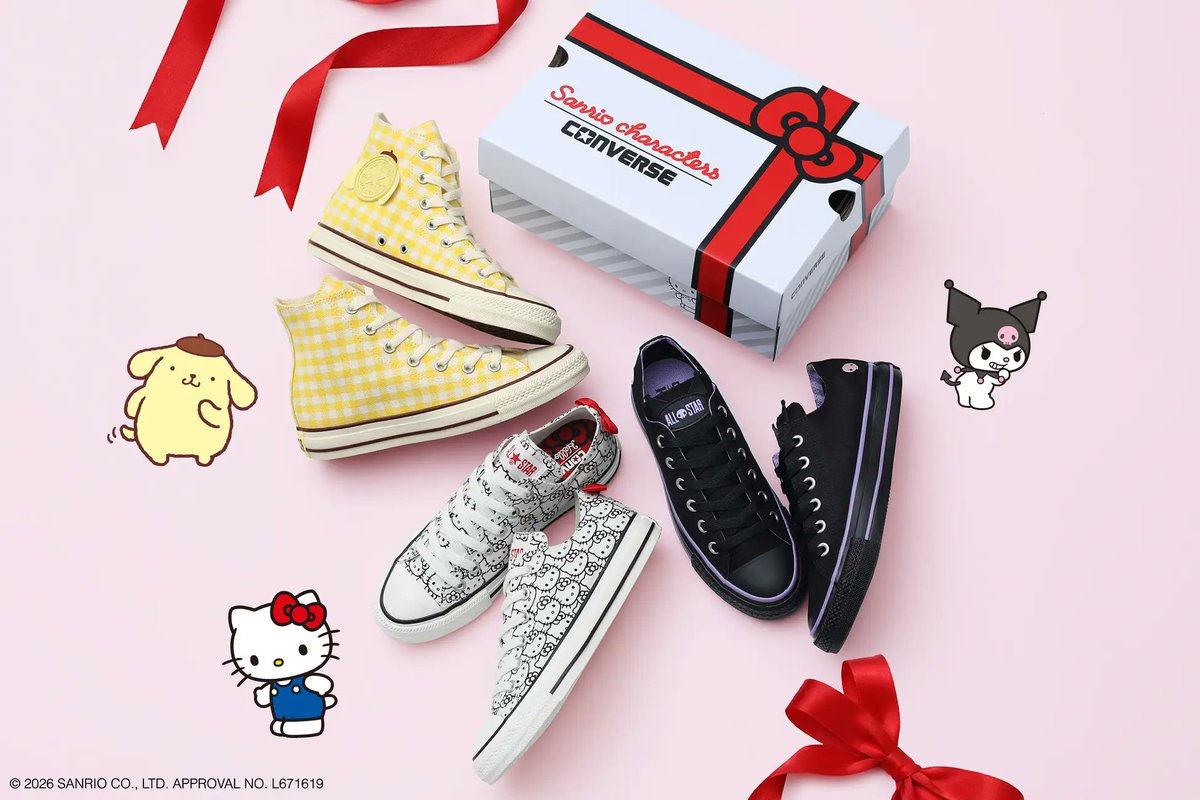 sanrio_oshikatu's tweet photo. ＼⚠️コラボ商品【予告】📣🆕／
CONVERSE（コンバース）× サンリオキャラクターズの新作アイテム、8/21(金)より発売開始🥹🩷
今回はポムポムプリン、クロミ、ハローキティのオールスターが登場だよ👟
プリンくんだけハイカットだね🍮可愛すぎる…🥹
また発売日近づいたらお知らせするね📣

🔗公式オンライン：https://t.co/fMOlxAAIem

📅発売日：2026年8月21日
📝ラインナップ：
ALL STAR HI / 「POMPOMPURIN」（オールスター HI / ポムポムプリン）
ALL STAR OX / 「KUROMI」（オールスター OX / クロミ）
ALL STAR OX / 「HELLO KITTY」（オールスター OX / ハローキティ）
価格：各13,200円（税込）
サイズ：22.0～26.0cm
https://t.co/ML99cWZNhO

#コンバース #サンリオキャラクターズ