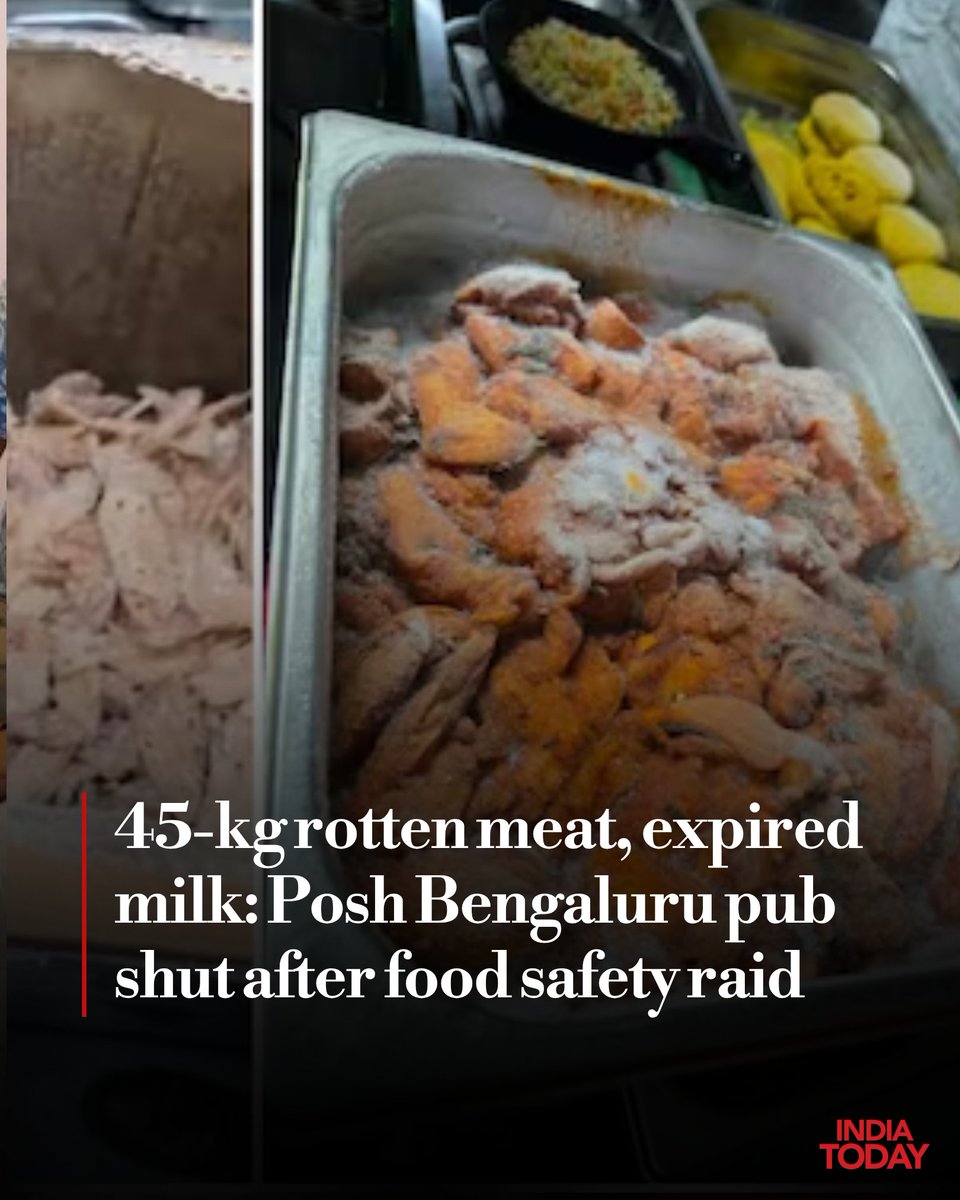 IndiaToday's tweet photo. A posh pub in Bengaluru was shut down, while several other eateries and restaurants faced legal action after a food safety inspection found huge amounts of rotten food, improperly stored preparations and other violations.

The food products seized included fungus-infested rotten meat, large quantities of sauces unfit for consumption, expired dairy products, fish, mushrooms and other items.

Read more: https://t.co/3YgcOVdBdB | @Nagarjund 

#Bengaluru #RottenMeat #Eateries #ITCard