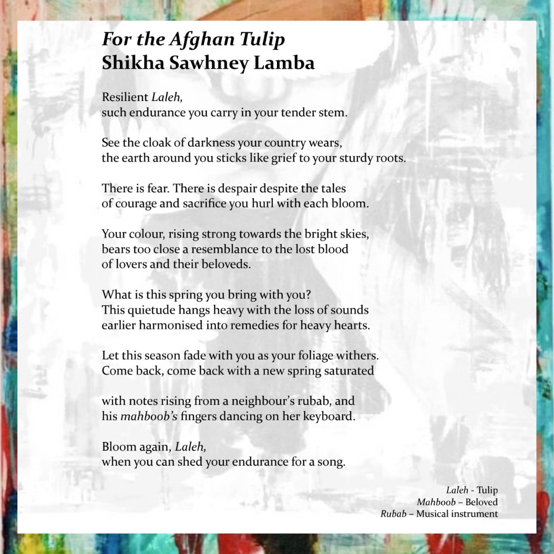 ShikhaSLamba's tweet photo. I will admit, I was taken by surprise when The Candyman’s Trumpet editor @JackCaradoc asked me to send him two of my poems to include in this issue. 

I really wanted my poems to be connected to Afghanistan or the issue itself. 
“For the Afghan Tulip” is a new piece, that came to me quite quickly, and it carries with it a remembrance of two stories I recently read by two Afghan authors. 

Many of you know that music is currently banned in Afghanistan. “Of course, Afghans are still going to quietly play their music in their homes because they can’t live without it, but now it has to be an act of rebellion, it takes on a different significance, now that they have gone around and destroyed instruments”, says @NadiaHashimi in a recent interview. 

Nadia’s new novel, City of Widows pays homage to music and the “deep cultural loss” that it is after the regime banned it. 
If you’ve been here for a bit, you already know I highly recommend this novel and the author.

The second story that came to my mind while I wrote this was one called, Lady Robab, one of the stories in, Your War, Our Lives, a fantastic collection of short stories by @minasharif 

Mina Sharif’s short stories give such an original, nuanced and real insight into the lives of Afghan people from all walks of life. It captures the everyday life of Afghans with all its complexity. I highly recommend her book. 

Thanks for reading. The link to the whole issue is here - https://t.co/i49IQGq3R1
Please do read it and share it, and I would love to know your thoughts about it. I know the poets would love to hear from readers as well. I’ll share all messages with them.