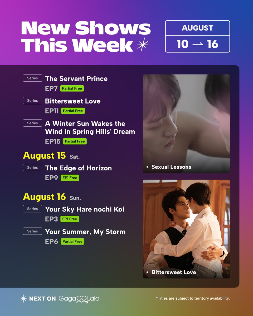 gagaoolala's tweet photo. 𝙐𝙥𝙘𝙤𝙢𝙞𝙣𝙜 𝙎𝙝𝙤𝙬𝙨 (Aug 10 - Aug 16)✨🎞️

New episodes of your favorite shows and a new BL are coming up this week!🤓
⠀⠀
Stream BL &amp; GL shows right only on GagaOOLala!😉 ⠀⠀⠀⠀
⠀⠀⠀⠀
Go to GagaOOLala to start watching💜 https://t.co/gxcvmZofEl