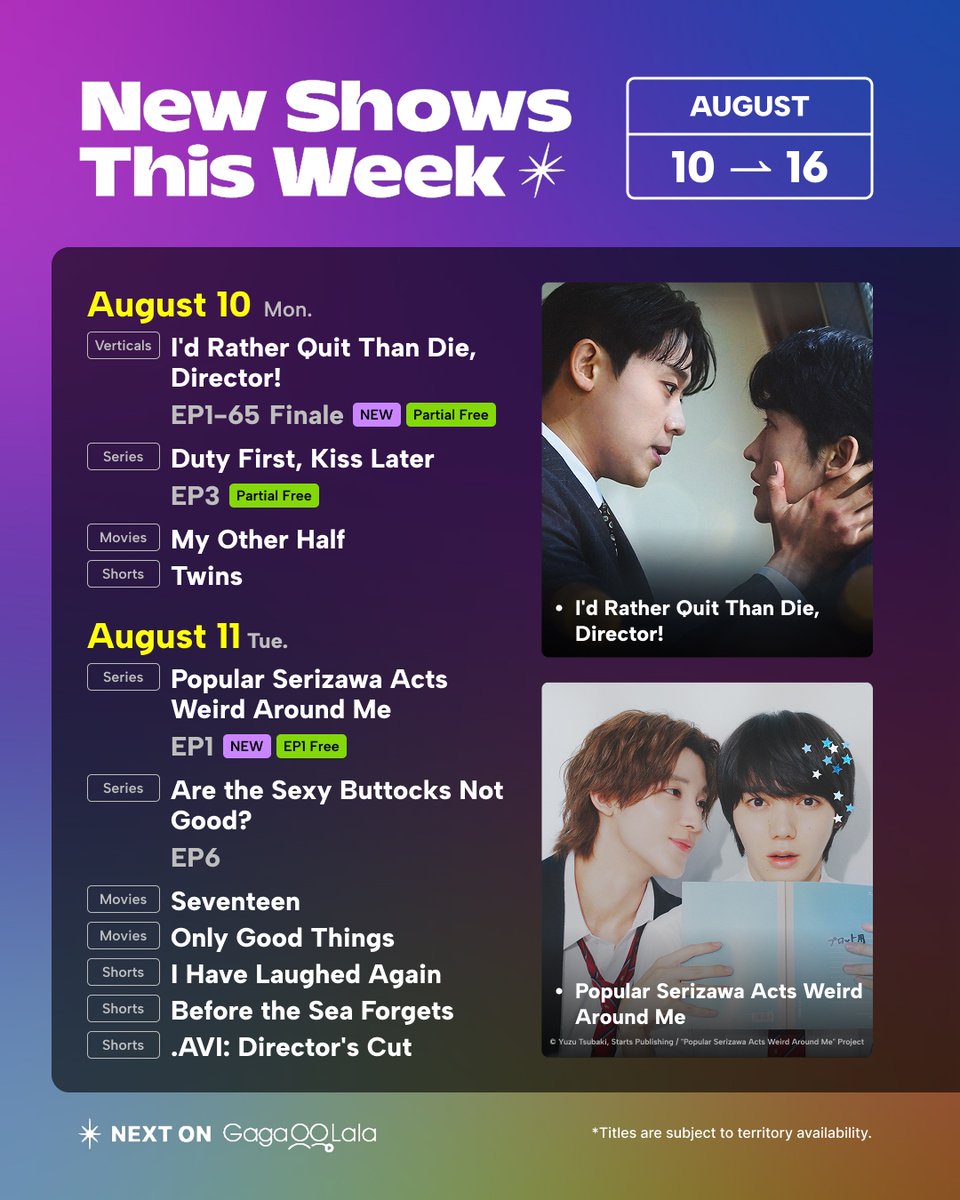 gagaoolala's tweet photo. 𝙐𝙥𝙘𝙤𝙢𝙞𝙣𝙜 𝙎𝙝𝙤𝙬𝙨 (Aug 10 - Aug 16)✨🎞️

New episodes of your favorite shows and a new BL are coming up this week!🤓
⠀⠀
Stream BL &amp; GL shows right only on GagaOOLala!😉 ⠀⠀⠀⠀
⠀⠀⠀⠀
Go to GagaOOLala to start watching💜 https://t.co/gxcvmZofEl