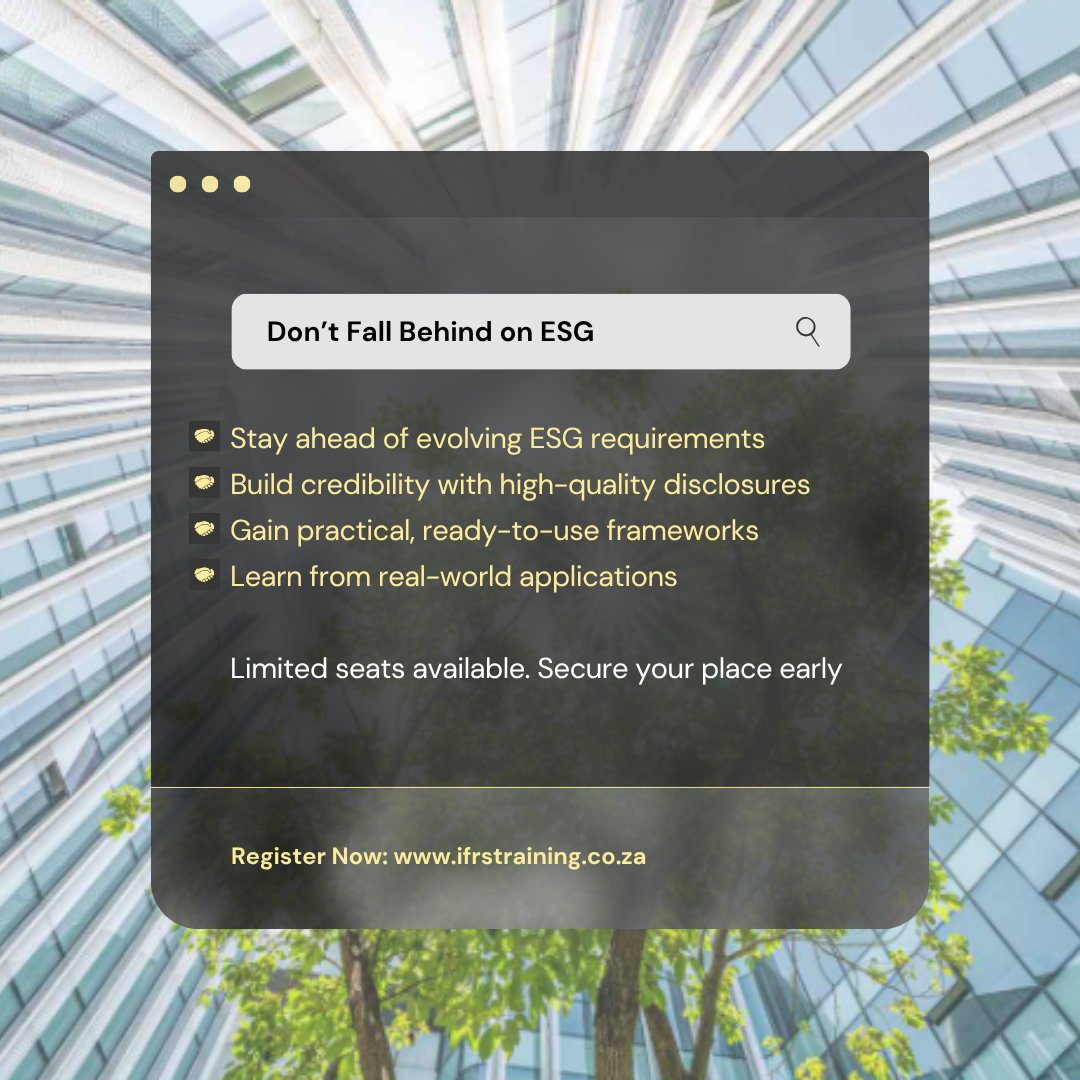 TrainingIfrs's tweet photo. Drive impact through better reporting 🌱

📍 Mauritius: ESG, Sustainability &amp; Integrated Reporting
Strengthen disclosures and align your ESG strategy.
Register Now : https://t.co/SpKeQ78OXD 
Lead with transparency. #ESG #Sustainability #IntegratedReporting https://t.co/qgB31PphSQ
