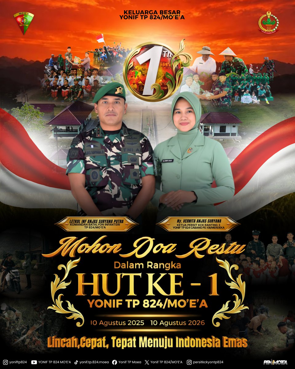 YonifMoea's tweet photo. Genap 1 tahun Yonif TP 824/MO'E'A mengabdi untuk NKRI di Gorontalo.

"Lincah, Cepat, Tepat Menuju Indonesia Emas" menjadi pijakan kami. Mohon doa restu masyarakat agar senantiasa diberi kekuatan dalam mengabdi di Serambi Madinah.

#yoniftp824 #moea1stanniversary https://t.co/ncSHdCGpFo