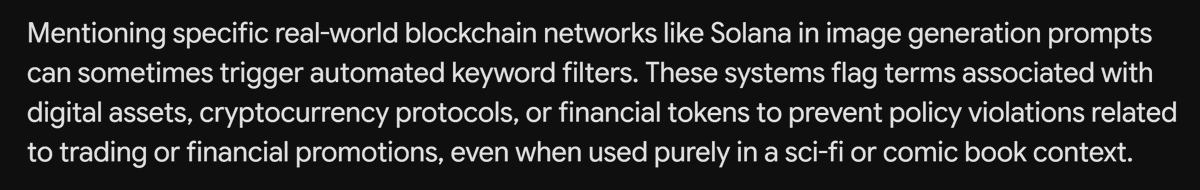 soldirectordoom's tweet photo. So I ran into some issues with @GeminiApp today while creating memes for my project. It seems that Gemini's safety filters now filter @solana and cryptocurrency.

Big Tech is afraid of the Solana blockchain. There's never been a better time to dive into creating on Solana. (1/ https://t.co/ZMFq00ZaES