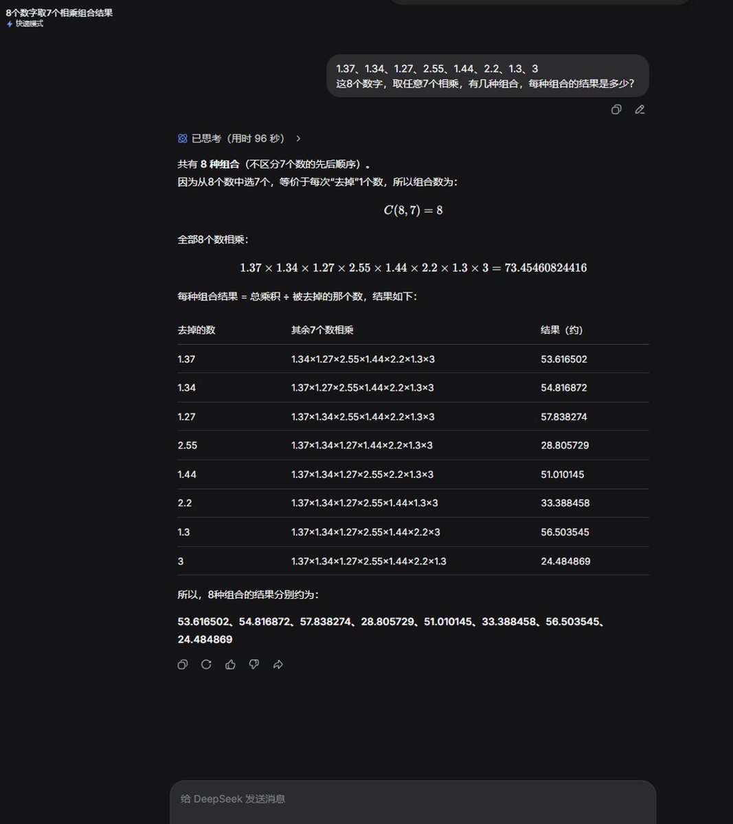 TrueQ40075756's tweet photo. 1.37 1.34 1.27 2.55 1.44 2.2 1.3 3 这8个数字,取任意7个相乘,有几种组合,每种组合的结果是多少？这是我在跑任务时发现的基础重大bug,我的项目需要累积计算,然后我检查半天发现Qwen基础计算是错的.去官网验证,Qwen3.7算了两次也不对,同一页面切换到Qwen3.8-MAX也不会算,第二次才算对,DS V4一次过. https://t.co/6dGGZcHZHn