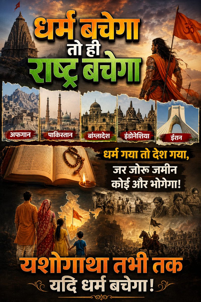 ArvindK66253182's tweet photo. धर्म बचेगा तो ही राष्ट्र बचेगा- अफगान पाक बांग्लादेश इंडोनेशिया ईरान ये तो अब भी है! धर्म गया तो देश गया, जर जोरू जमीन कोई और भोगेगा! यशोगाथा तभी तक यदि धर्म बचेगा!
___________
🅿️ushpendra
  🪀 https://t.co/kvl8pIF0Zy