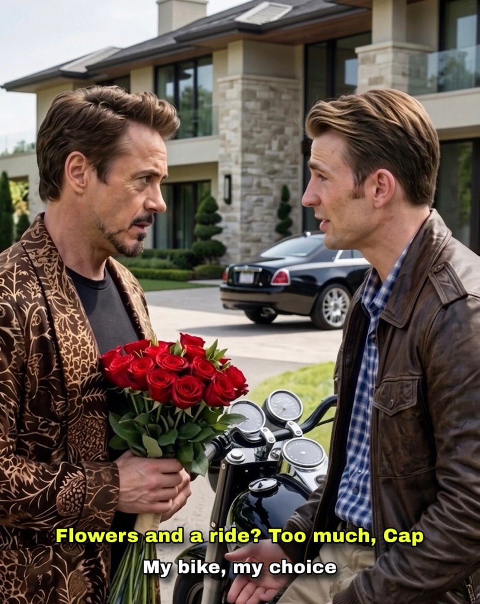 TonyEStark1964's tweet photo. Caps gave me roses and now he wants me on his bike. This old-school flirting is terrifying. I’m Tony Stark, I’m literally not used to this stuff. #stony #stevetony https://t.co/No94YzGf5A