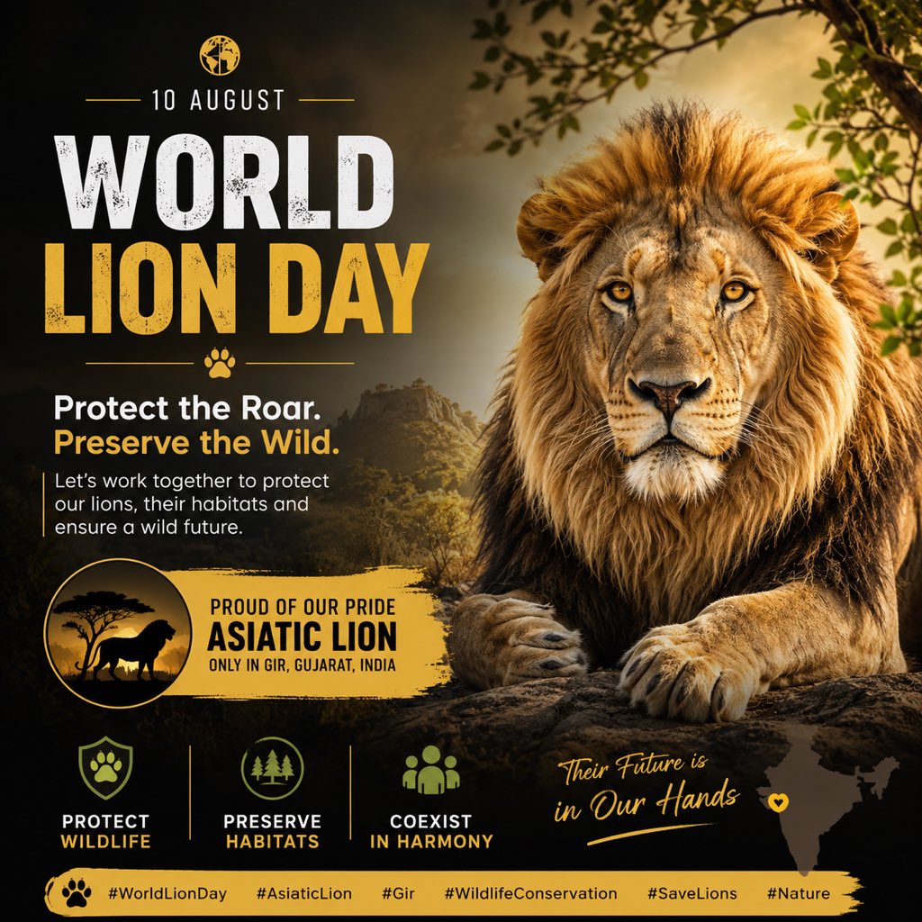 milkypixie120's tweet photo. Protect the Roar.
Preserve the Wild.
The lion is more than a symbol of strength —
it is a vital part of our ecosystem.
Protect Wildlife • Preserve Habitats • Coexist in Harmony
🦁 Their Future Is in Our Hands.
#WorldLionDay #AsiaticLion #Gir #WildlifeConservation #SaveLions https://t.co/0EJDKWNs8d