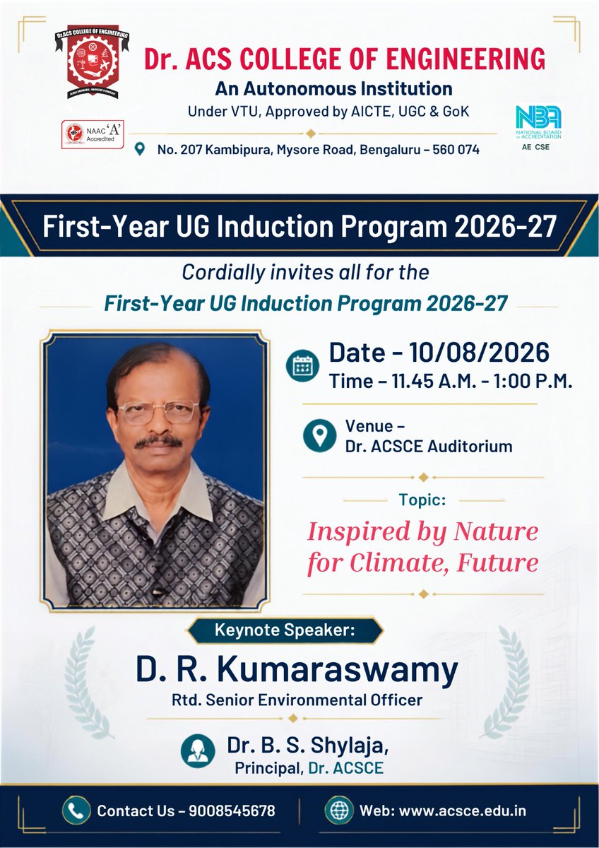 acscebangalore's tweet photo. 🌿🎓 #InductionProgram2026 at #DrACSCE features “Inspired by Nature for Climate, Future” with D. R. Kumaraswamy. 🌍 Students explore sustainability, climate action &amp; green innovation. 🚀 #FirstYearUG #Sustainability #ClimateAction #GreenInnovation #FutureEngineers https://t.co/8JGmPiUH19