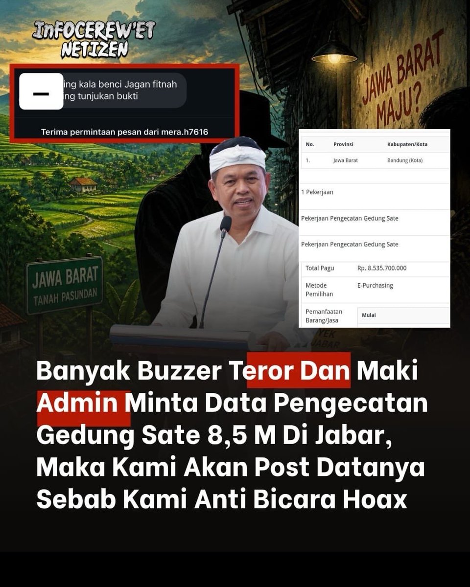 indepenSumatera's tweet photo. Sungguh sangat BAR-BAR anggaran di era KDM ini! 

Masa cuma buat urusan CAT GEDUNG SATE aja memakan anggaran sampe 8 MILIAR?! 😭

Bentar, itu beli cat kualitas luar planetkah atau emang dari awal modus mau korupsi?? 

Tapi yaaa gapapa lah ya... Mau ada yang korupsi, mau ada anggaran jebol berlebihan, yang penting formula pemungkasnya tetep jalan wak,
TUTUPI SEMUA DENGAN NGONTENIN 1 RAKYAT MISKIN. Selesai masalah! 🤡

Bener-bener pencitraan estetik di atas penderitaan & uang rakyat. 

Gimana menurut kalian wak? Anggaran 8 miliar buat cat gedung ini masuk akal atau murni pemborosan demi konten? 👇