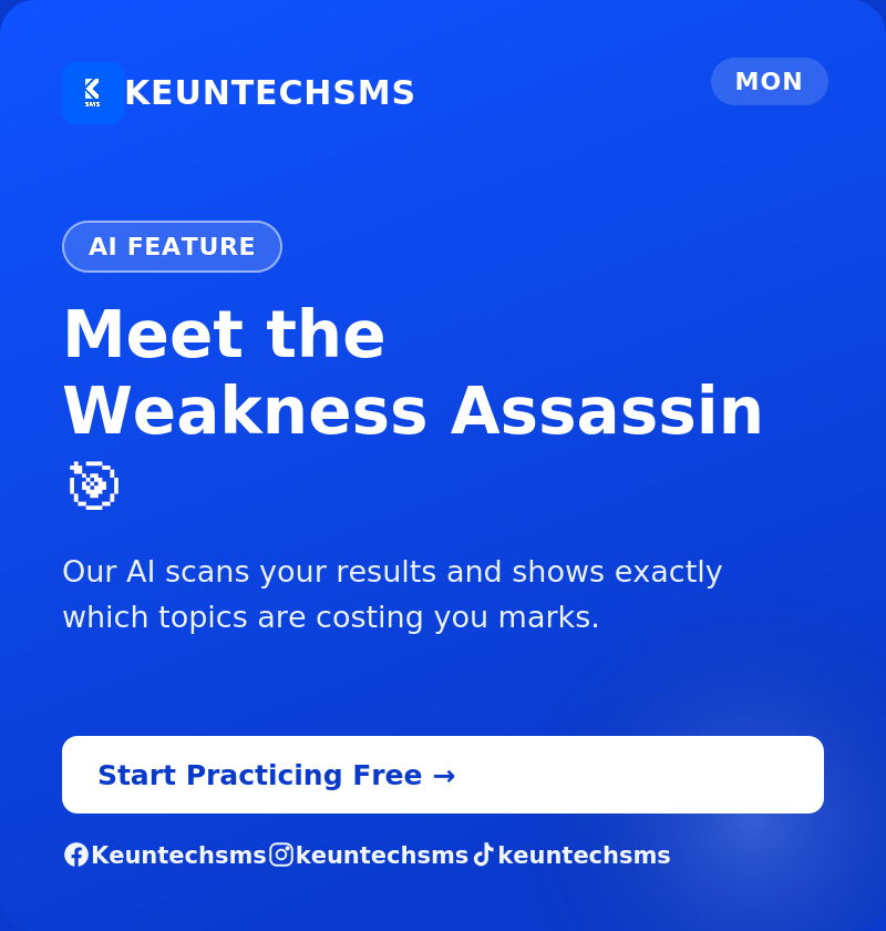 keuntechsms's tweet photo. Struggling to know WHERE you're weak before the exam?
Meet the Weakness Assassin 🎯  our AI scans your results and shows exactly which topics are costing you marks.
#Keuntechsms #JAMB2027 https://t.co/5xPxXNro3N