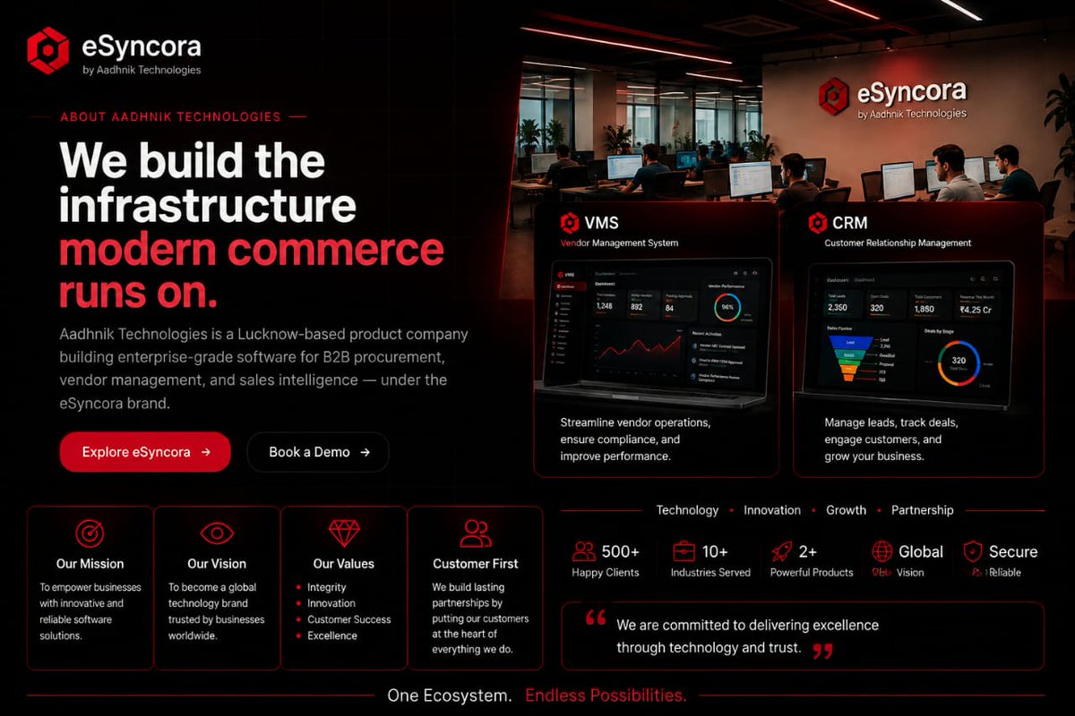 esyncora's tweet photo. Building the Future. 🚀
eSyncora is built to simplify modern business operations through powerful, scalable &amp; secure solutions.
From VMS to CRM, we're creating one connected ecosystem for better procurement, vendor management &amp; customer operations.
🌐 https://t.co/9080nzHbDU https://t.co/Q7iJKpWpcz