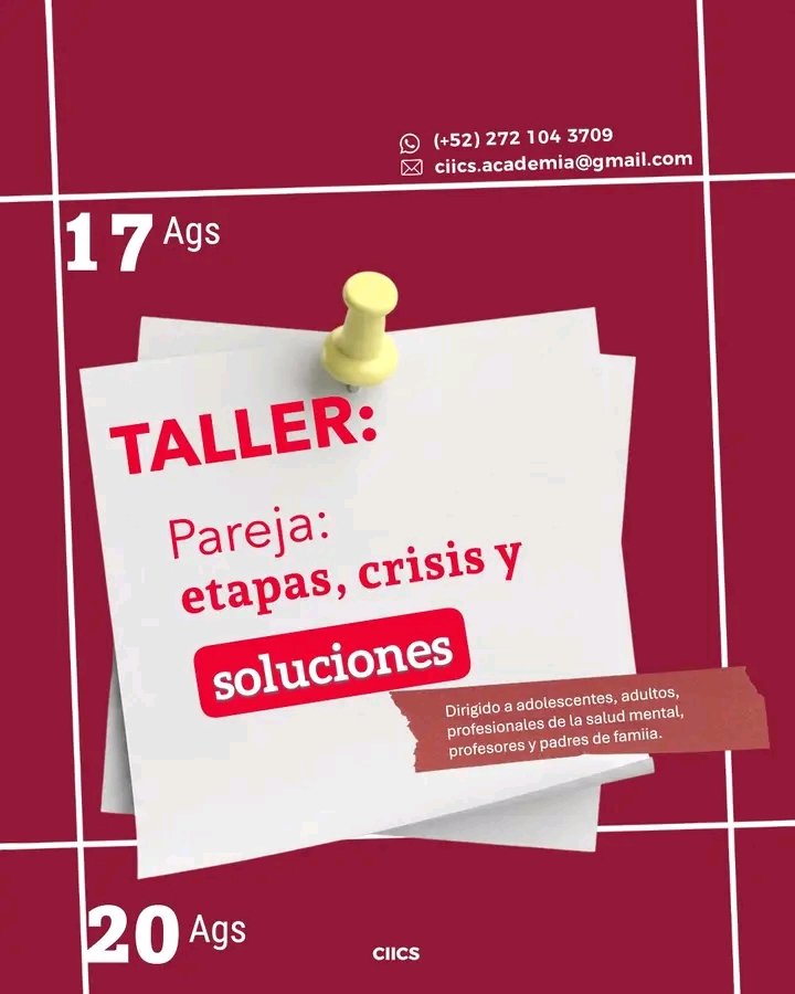 CIICS_AC's tweet photo. El próximo 17 de agosto inicia el taller en línea "Pareja: etapas, crisis y soluciones" con la dra. Hilda Salmerón García.
Acompáñanos los días 17, 19 y 20 de agosto de 18 a 20 horas mediante Zoom.
Informes e inscripciones vía Whatsapp: 52 272 104 3709 https://t.co/PvuuQOXXjh