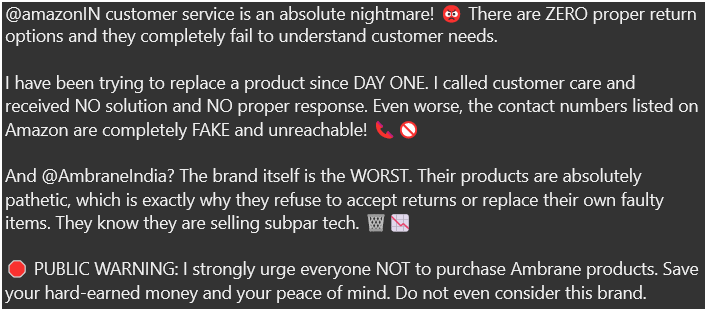 iamManuoo7's tweet photo. @amazonIN customer service is an absolute nightmare!
@AmbraneIndia The brand itself is the WORST.

#AmbraneIndia #AmazonIndia #CustomerServiceFail  #ConsumerRights #TechScam #WorstService #AmazonCustomerCare https://t.co/xQnwPDNq9S