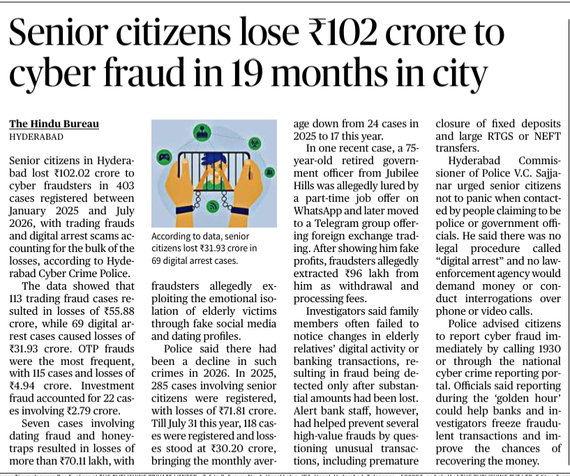 SajjanarVC_IPS's tweet photo. Over the last 19 months, senior citizens within the Hyderabad Police Commissionerate jurisdiction have lost a staggering ₹102 Crore across 403 cases to cybercriminals. 

Scammers are increasingly targeting our elderly through trading frauds, digital arrest scams, OTP frauds, and investment traps, exploiting their trust and isolation.

I strongly urge our senior citizens to remain vigilant and not panic when receiving calls from unknown persons claiming to be police or government officials. 

Please remember: there is no legal procedure called Digital Arrest in India, and no law enforcement agency will ever demand money or conduct interrogations over phone or video calls.

I also appeal to families to stay connected with elderly parents and keep an eye on unusual financial transactions or sudden changes in their digital activity.

If you or your loved ones encounter any cyber fraud, report it immediately by calling 1930 or visiting https://t.co/bdJLRXbJD3. Reporting during the 'golden hour' helps us freeze fraudulent accounts quickly and recover your hard-earned money. 

Stay alert, stay safe!