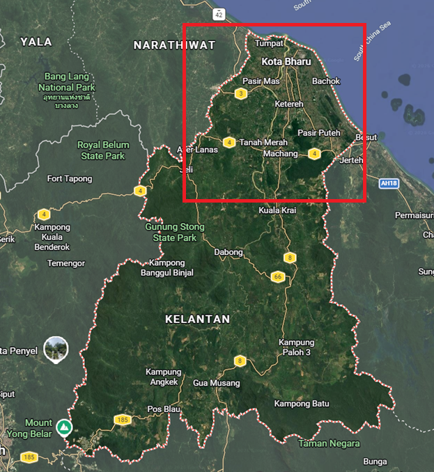 MeeRebus11's tweet photo. Sekitar 80% keseluruhan penduduk Kelantan tinggal dalam kotak merah ini 
Approximately 80% of Kelantan's population lives within this red box
Lebeh kughe 80% jumloh oghe Kelate duk ddale kotok meroh ni. https://t.co/6i3BJQw8LP