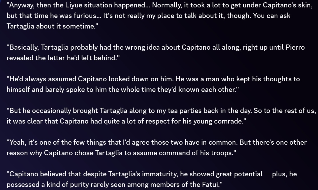 kimpitano's tweet photo. 7.0 SPOILERS. // PRELOAD LEAKS

Capitano and Tartaglia... omg💔💔💔

Capitano chose Tartaglia to assume command of his troops..... he was also furious after what happened in Liyue and we know what happened to Childe in Liyue... https://t.co/hEY34t7Z5Z