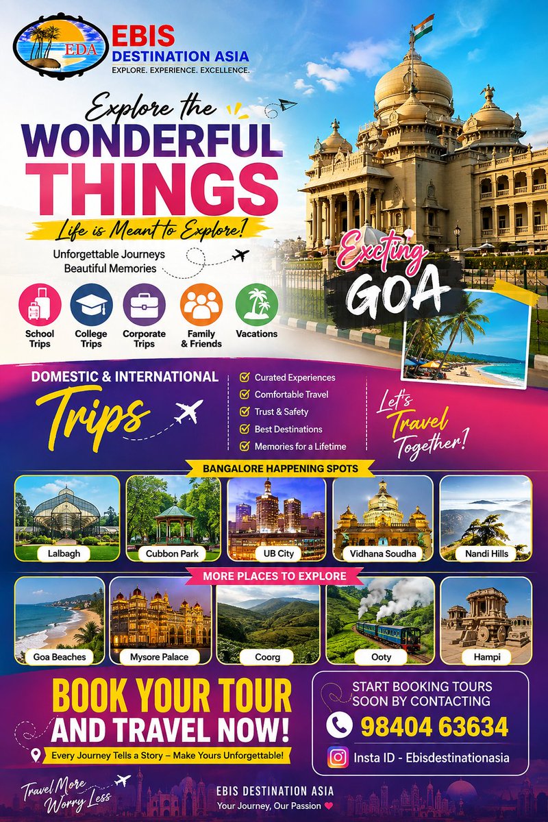 GardiarGringson's tweet photo. πβ¨ LIFE IS MEANT TO BE EXPLORED! βοΈ
From exciting Goa getaways to vibrant Bangalore city trips, unforgettable school & college tours, corporate travel, family holidays, and adventures with friends β EBIS Destination Asia makes every journey special!
#EBISDestinationAsia https://t.co/5Yilg8TRpg