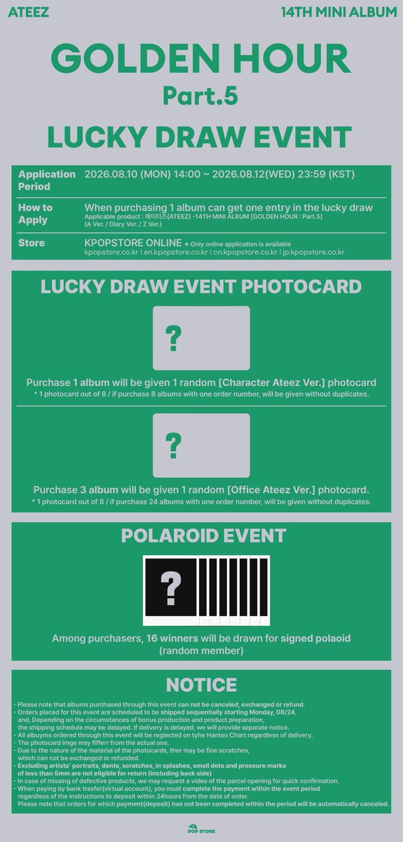 kpopstorecokr1's tweet photo. ⌛️#ATEEZ - 14TH MINI ALBUM [GOLDEN HOUR : Part.5] LUCKY DRAW EVENT 

📅응모 기간 : 08.10 14:00 ~ 08.12 11:59 (KST)  
🖤전 구매 고객 포토카드 1:1 증정
🖤 16명 추첨 사인 폴라로이드 증정
🔗LINK : https://t.co/KC0ykKARp8

@ATEEZofficial

 #에이티즈 #GOLDENHOUR #GOLDENHOUR_Part5 #BAD https://t.co/ZADDIfj3g4