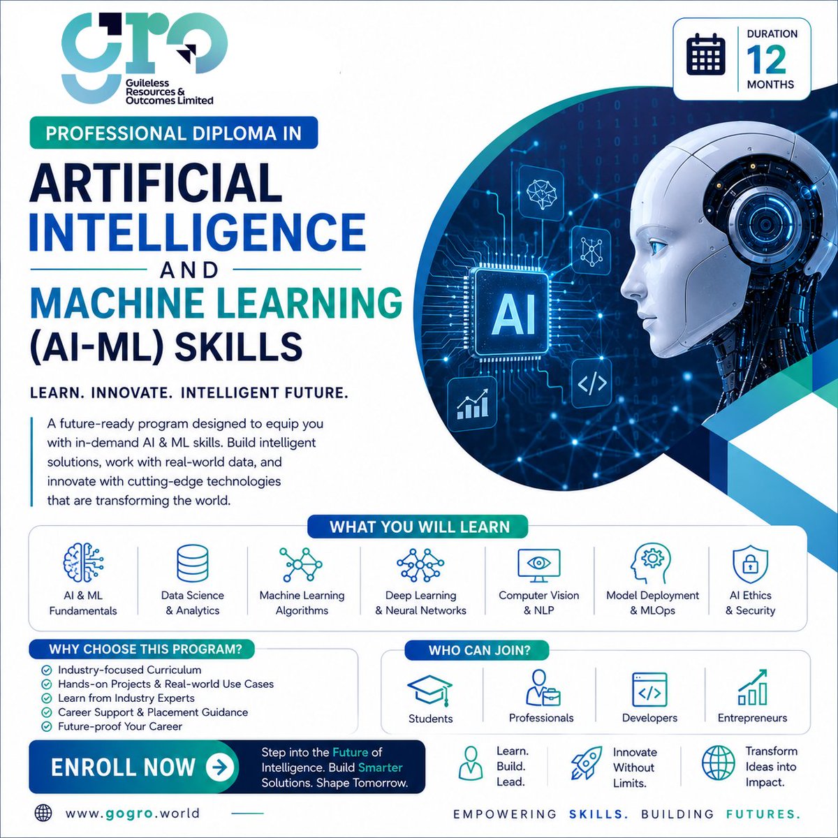 Groeducation's tweet photo. Build the Future with AI &amp; ML!

🎓 Professional Diploma in Artificial Intelligence &amp; Machine Learning (AI-ML)

Learn: 
🔹 Machine Learning
🔹 Deep Learning
🔹 Data Science
🔹 NLP &amp; Computer Vision
🔹 MLOps
🔹 AI Ethics &amp; Security

#AI #MachineLearning #AIML #DataScience #GRO https://t.co/AKKpTSEWXf