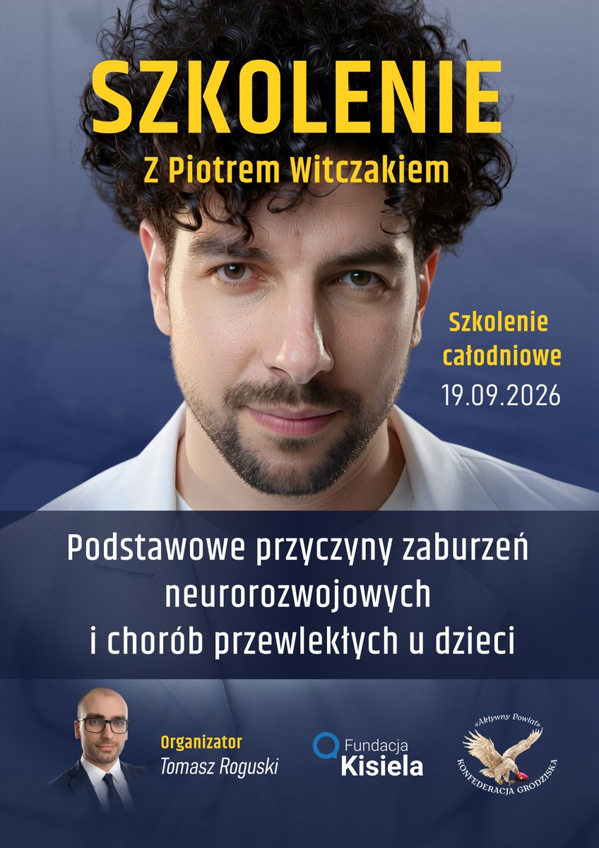 FundKisiela's tweet photo. Dzień dobry,

mam przyjemność zaprosić Państwa do wzięcia  udziału w szkoleniu, które poprowadzi dr Piotr Witczak. Po ostatnim  spotkaniu w grodziskiej Mediatece wykazali Państwo duże zainteresowanie  kolejnymi wydarzeniami, dlatego postanowiliśmy zorganizować coś więcej  niż spotkanie otwarte. Tak pojawił się pomysł całodniowego szkolenia  poświęconego podstawowym przyczynom zaburzeń neurorozwojowych oraz  przewlekłych chorób dziecięcych.

Szkolenie odbędzie się  19.09.2026, w bliskiej okolicy Grodziska Mazowieckiego. Ze względu na  to, że osoby nieprzychylne organizowaniu wydarzeń o takiej tematyce  wykazały się dużą inicjatywą przy ostatnim spotkaniu, Mediateka  zdecydowała się tym razem odmówić nam wynajęcia sali na szkolenie. Z  tego też powodu dokładna lokalizacja razem z harmonogramem zostanie  wysłana przed wydarzeniem jedynie do osób, które zgłoszą się poprzez  dokonanie wpłaty tytułem szkolenia. 
Dokładne informacje, w tym jak dokonać płatności znajdziecie Państwo również na stronie fundacji https://t.co/UynbVMn1Is
Cena udziału: 60 zł

Opłata ma charakter symboliczny i służy jedynie pokryciu podstawowych kosztów

organizacji wydarzenia. Wyżywienie i napoje nie są zapewniane przez organizatora.

Aby wziąć udział w szkoleniu dokonaj przelewu na konto Fundacji:

PL39 1020 4900 0000 8302 3502 3918

lub poprzez PayPal na adres: fundacjakisiela@gmail.com.

Przy płatnościach na konto bankowe prosimy o podanie adresu email lub numeru

telefonu.

Po zaksięgowaniu wpłaty Fundacja Kisiela skontaktuje się z Państwem i potwierdzi

możliwość udziału w szkoleniu.

Pozdrawiam

Tomasz Roguski

organizator

Fundacja Kisiela