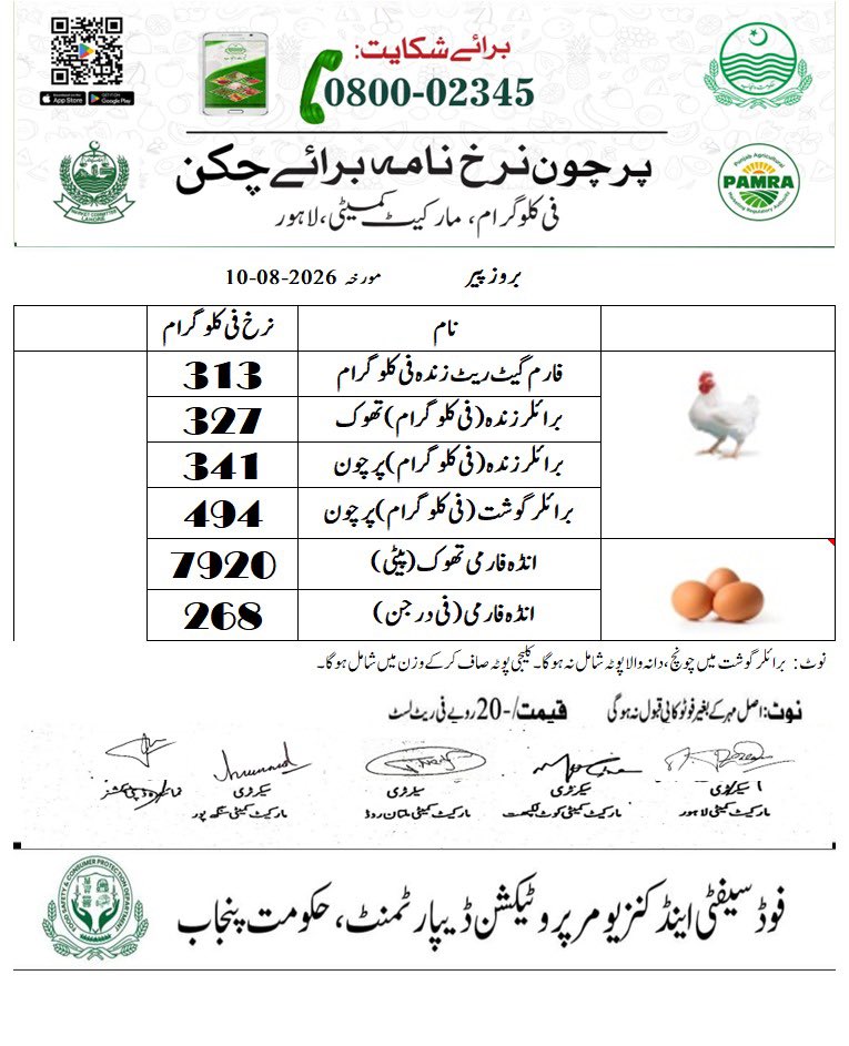 DCLahore's tweet photo. مورخہ 10 اگست 2026؛ اشیاء خورونوش کی ریٹ لسٹ جاری کر دی ہے۔  شہری ڈی سی کنٹرول روم نمبر 03070002345 یا سوشل میڈیا پر براہ راست رابطہ کریں۔ 
#PriceControl #PublicRelief #Lahore https://t.co/mfDj59Gxsj