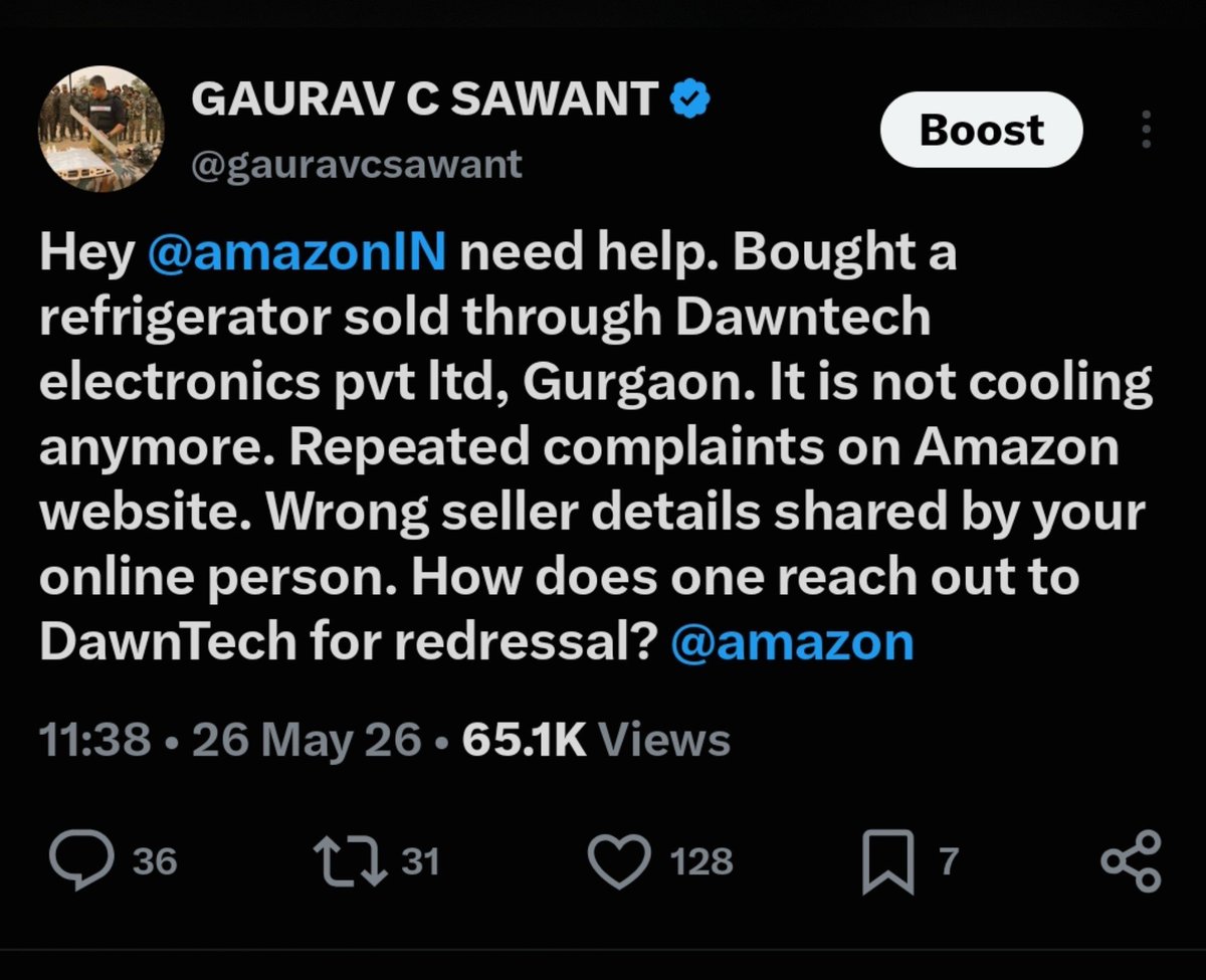 gauravcsawant's tweet photo. 26th May I had reached out to @amazonIN @amazon over an amazon refrigerator not cooling after zero response despite repeated online raising tickets on website/phone.
* Some officials/employees got in touch but NOT ONE ENGINEER sent to even look at the issue.
* Refrigerator bought in 2023 packed up in 2026. Was told comprehensive warranty for which I had paid extra Was only for 2 years since date of purchase. But what about the regular warranty on refrigerator? No response.
* Was told efforts on to resolve the issue.
* From May to August ZERO RESOLUTION. Just told repeatedly we will get back to you. Finding a solution. 
Learnt a very important lesson. Nevery buy from @amazon. They sell junk in India & get away by zero response.