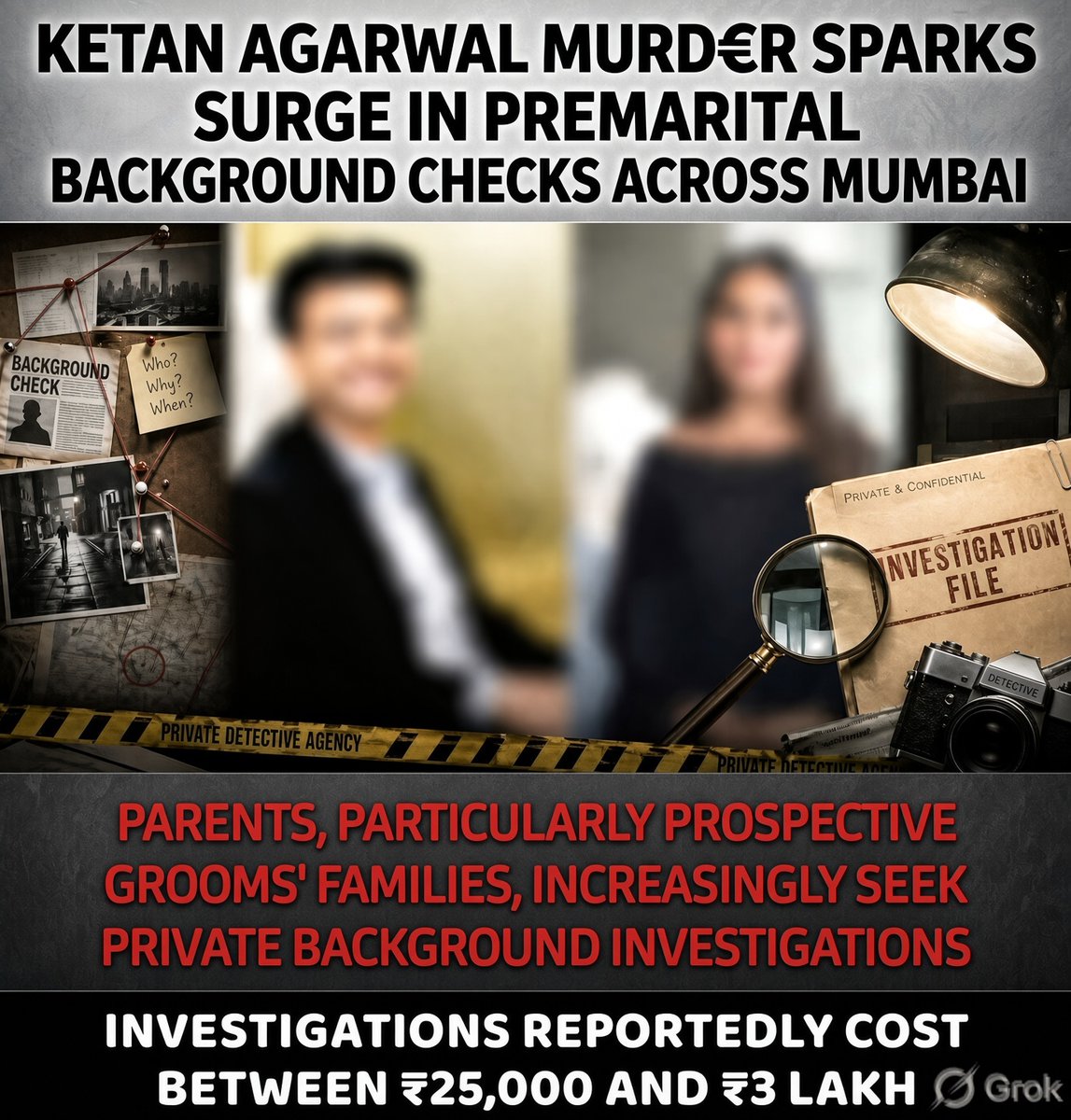 SamSiff's tweet photo. Exactly. The point is that ₹25,000–₹3 lakh for a background check is NOTHING compared with the financial, emotional and legal cost of discovering serious ‘red flags’ after marriage.

Imagine the cost of legal battles, maintenance, divorce, custody disputes and years of harassment if the wrong woman enters your home without proper verification.

After the Ketan Agarwal murder case, private detectives in Mumbai are reportedly seeing a rise in premarital background-check enquiries, particularly from families of prospective grooms.

If spending ₹25,000–₹3 lakh can help you know who you are bringing into your family, why would anyone call it expensive?

The real expensive mistake is bringing someone home without verification.

Verify before you marry.

Because once the woman is inside your life, the cost of finding out the truth can be unimaginable.
