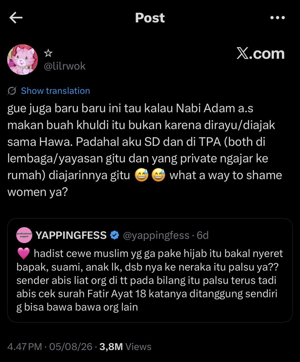 agisnimk's tweet photo. these are tweets that I keep seeing recently, somehow kinda proves my assumption: pengajaran Agama Islam di Indonesia sudah banyak tercampur dgn budaya lokal &amp; affected by patriarchal system

coba sesekali tonton dakwah2 syeikh dari luar, they gave broader perspectives https://t.co/QlG0DRkwes