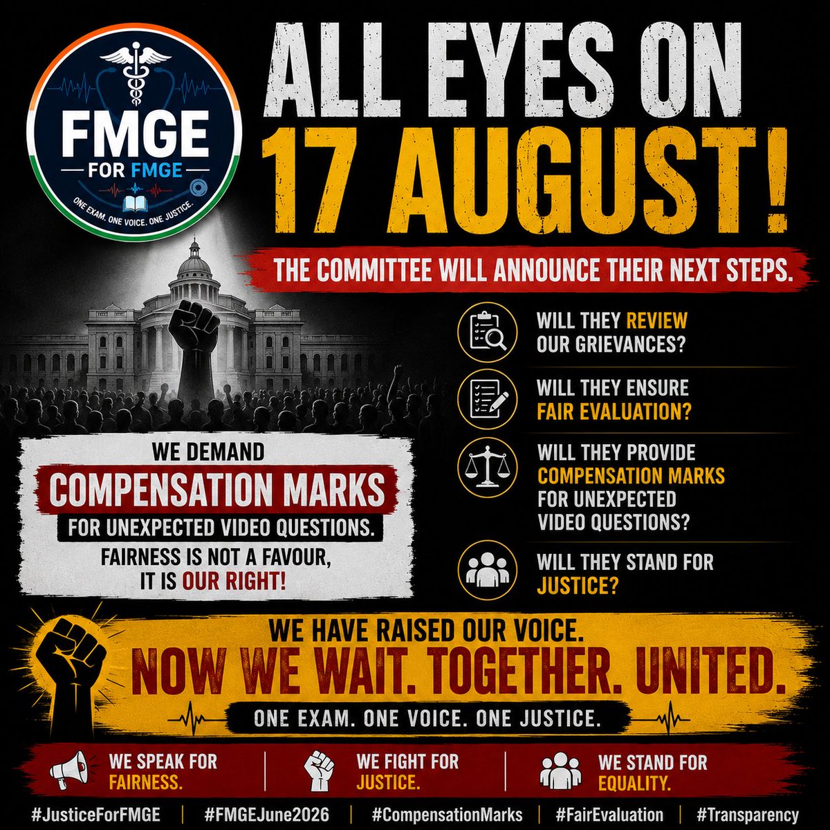 FmgeForFmge's tweet photo. FMGE aspirants have raised their voice. Now we hope the committee listens and takes a fair decision — especially on compensation marks for unexpected video questions.
Stay united. Jo hoga, milkar hoga. ❤️
#JusticeForFMGE #FMGEJune2026 #CompensationMarks #FairEvaluation #FMGE #NMC https://t.co/tXbda3FdAx