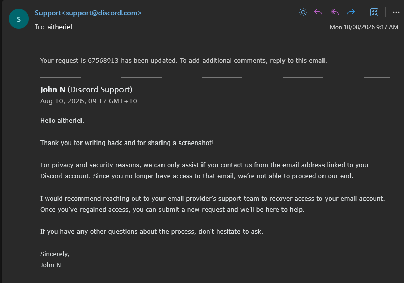 Aitherii's tweet photo. @discord There is a malicious hacker actively trying to scam everyone linked to my account, as well as the 400+ people in my server, and your support team is doing NOTHING to stop it

Please LOCK DOWN the aitheriel. account - I am being impersonated and this is NOT OKAY. https://t.co/rFSe3va8cf
