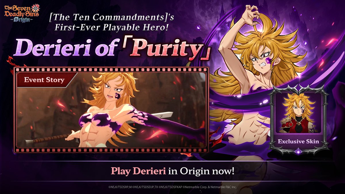 7DSO_EN's tweet photo. ✨[The Ten Commandments]'s first playable hero, Dereri, has arrived!✨

The fierce rival from the original is now yours to command!⚔️
Play as Derieri now!

#TheSevenDeadlySinsOrigin #Derieri https://t.co/KVnkZXpFdd