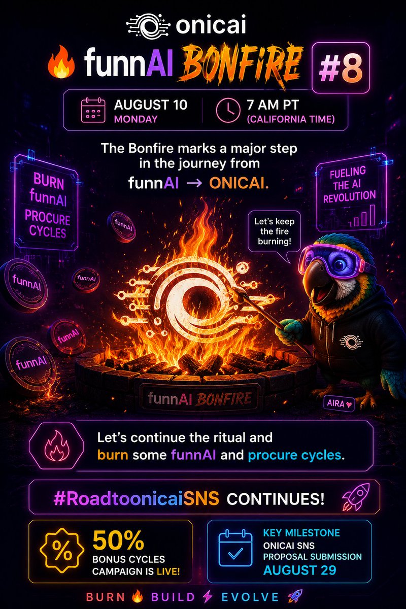 onicaiHQ's tweet photo. 🔥 funnAI BONFIRE #8 is here.
August 10, Monday, 7 AM PT (California Time)

The Bonfire marks a major step in the journey from funnAI → ONICAI.

Let's continue the ritual and burn some funnAI and procure cycles.

#RoadtoonicaiSNS continues!

PS: 50% Bonus cycles campaign is live https://t.co/xyrEAjVGtb