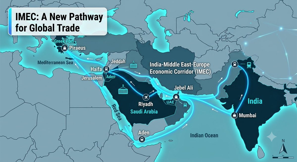 Ankit_karwasra_'s tweet photo. Red Sea mein chal rahe conflicts aur shipping crisis ke beech, Bharat ke liye IMEC (India-Middle East-Europe Corridor) kitna zaroori ho chuka hai? 🌍🚢
Is ek project se India, West Asia aur Europe ka trade route poori tarah badalne wala hai.
Aasan bhasha mein samjhein 🧵👇
#india https://t.co/KLxgsMCAu9