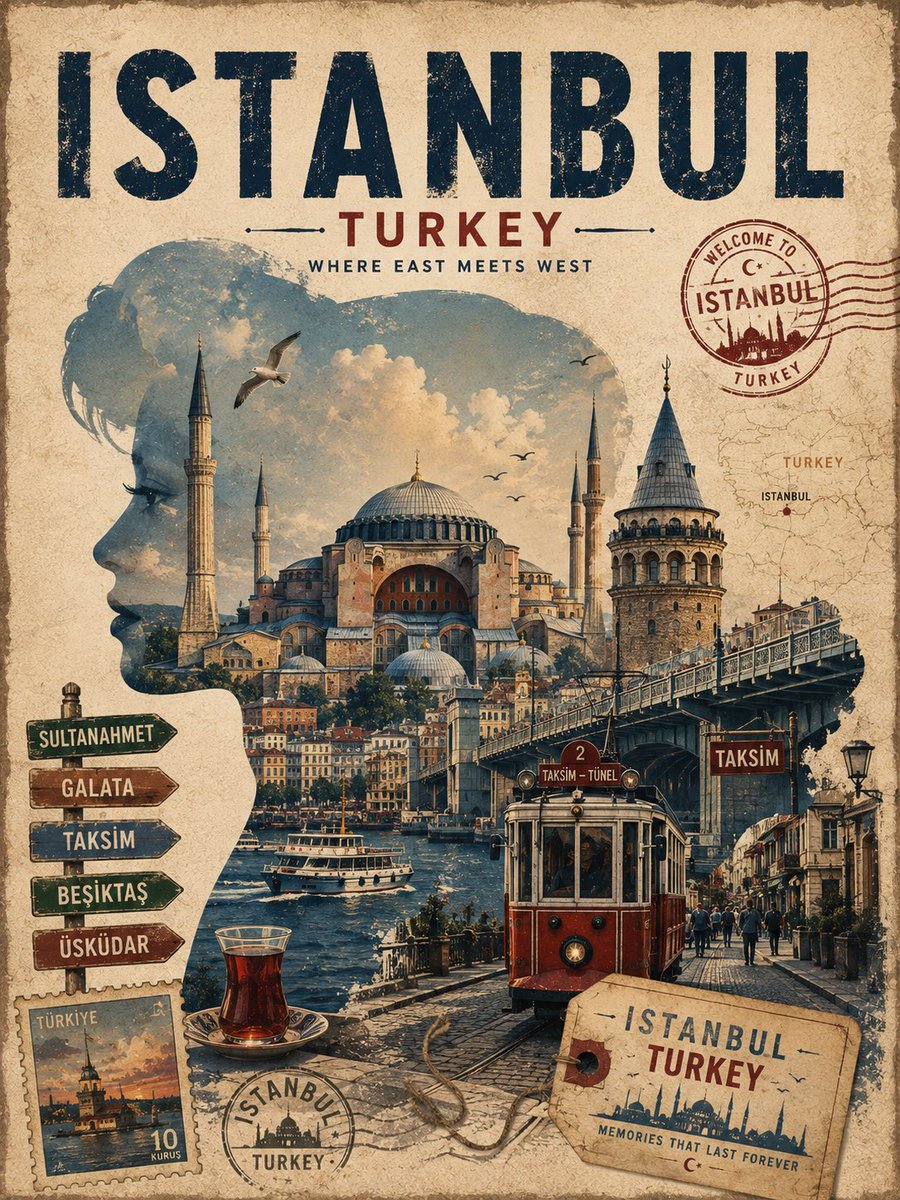 Naiknelofar788's tweet photo. Vintage Collage Travel Poster 

GPT image 2 on ChatGPT
Prompt:

Create a premium vintage editorial travel poster for [CITY], [COUNTRY], using an artistic travel collage / layered postcard composition rather than a conventional skyline poster.

Main creative concept: Create a large, recognizable silhouette or profile of [ICONIC LANDMARK / SYMBOL] as the central visual frame. Inside and around this silhouette, seamlessly blend multiple scenes from the destination — iconic architecture, streets, bridges, landscapes, local transportation, people, and atmospheric elements — creating the feeling that the entire city exists within one artistic composition.

The central landmark should partially dissolve into the surrounding city imagery using layered photographic-illustration textures, torn-paper edges, subtle double exposure, ink textures, and vintage print effects.

Include several smaller graphic elements around the main composition:

vintage postage stamp featuring the destination
distressed passport/travel stamp
old luggage tag
small destination map fragment
street sign
tiny local transportation detail
subtle handwritten or typewriter-style travel markings

Add one strong foreground element representing the city, such as a taxi, vintage bus, bicycle, boat, tram, tuk-tuk, or local vehicle.

Typography: At the top, use large elegant uppercase lettering:

[CITY]

Underneath:

[COUNTRY]

Add a small classic travel slogan:

[ICONIC SLOGAN]

Use bold vintage sans-serif typography with generous letter spacing.

Visual style: sophisticated 1940s–1960s travel advertising, vintage European poster design, editorial collage, screen-printed artwork, distressed paper, faded ink, subtle grain, imperfect registration, layered textures, elegant negative space, cinematic atmosphere, artistic realism.

Color palette: warm ivory paper, deep navy, muted blue, burnt orange, terracotta, faded beige, charcoal, and small golden-yellow accents. Keep colors slightly desaturated and harmonious.

Create a thin aged-paper border around the poster.

The composition should feel like a rare collectible vintage travel poster discovered in an old railway station, artistic and premium rather than generic.

Portrait 4:5, highly detailed, sophisticated graphic design, strong visual hierarchy, nostalgic, cinematic, no modern 3D-rendered look.