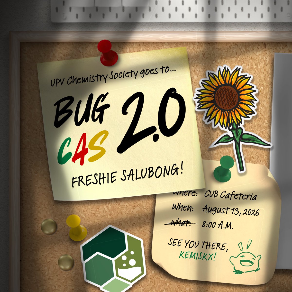 chemsoc_upv's tweet photo. 𝙏𝙝𝙚 𝙬𝙝𝙚𝙚𝙡𝙨 𝙤𝙣 𝙩𝙝𝙚 𝙗𝙪𝙨 𝙜𝙤, 𝙜𝙤, 𝙂𝙊 𝙩𝙤 𝙐𝙋𝙑 𝘽𝙪𝙜𝘾𝘼𝙎 2.0!  🏃 🚌 💨 

Fasten your seatbelts and prepare your snazziest 'fit as we prepare to kick off BugCAS 2.0 Freshie Salubong! https://t.co/Zz1DP3qgMc