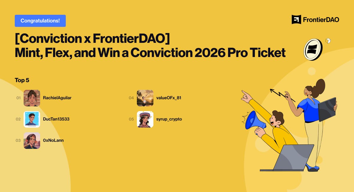 Frontier_DAO's tweet photo. Announcement: [Conviction x FrontierDAO] Mint, Flex, and Win a Conviction 2026 Pro Ticket

Congrats winners:
@RachielAguilar
@DucTan13533
@0xNoLann
@valueOFx_81
@syrup_crypto 

Please check the email address linked to FrontierDAO