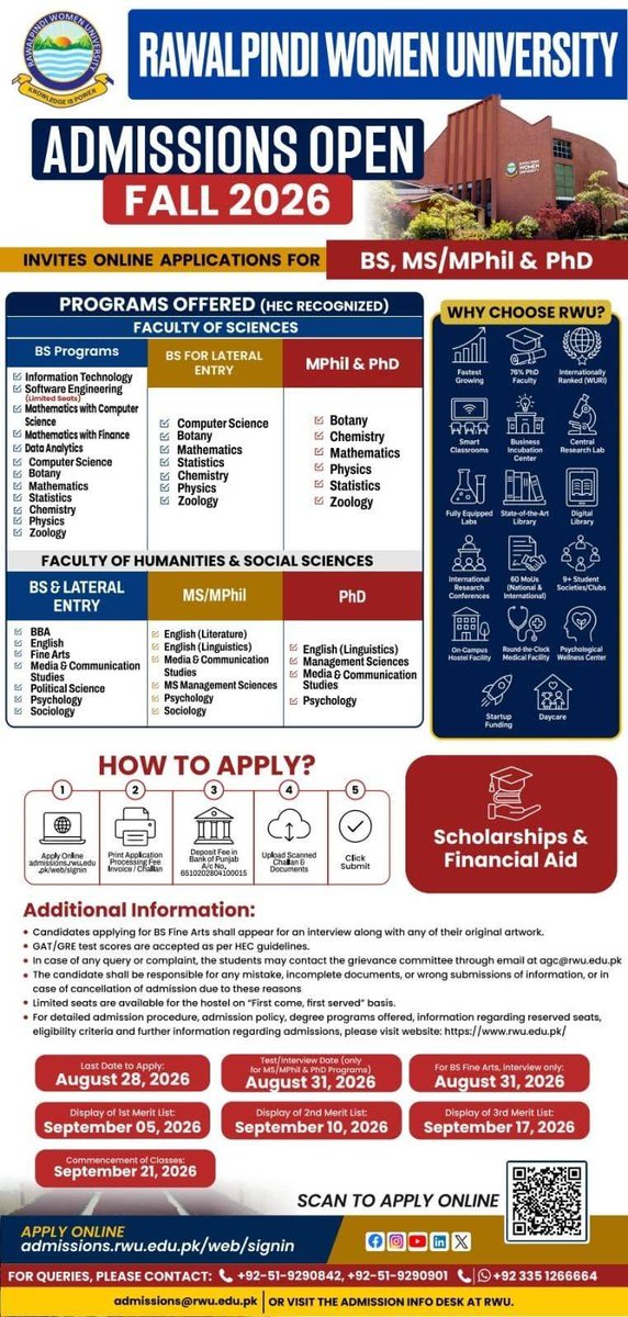Official_RWU's tweet photo. Admissions Open – Fall 2026

Choose from a wide spectrum of HEC-recognized BS, MS/MPhil, and PhD programs designed to align with today’s evolving world.

Apply now: https://t.co/LW8ndbgafq
Last date: August 28, 2026 https://t.co/y7Y71YMxtR