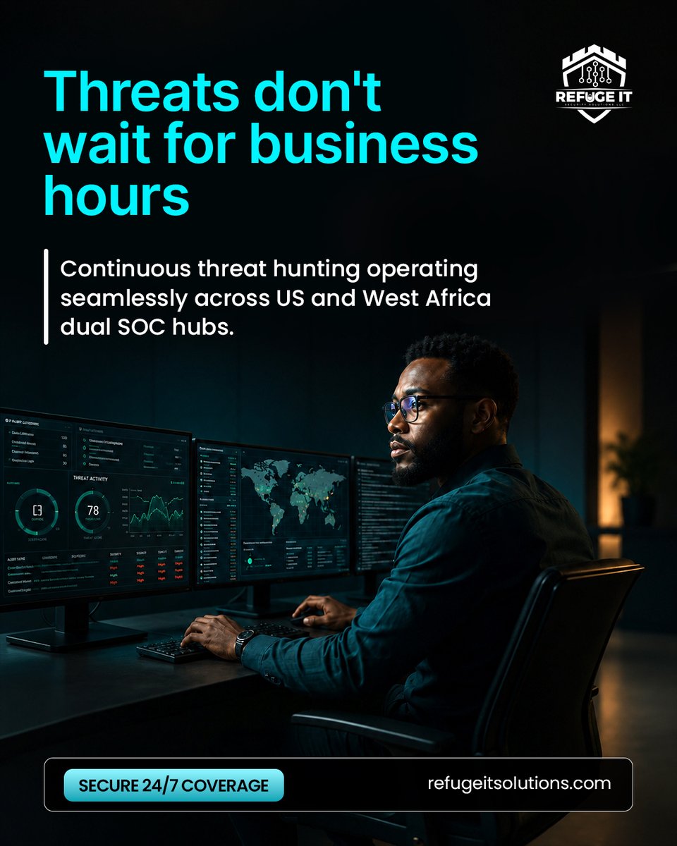 RefugeIT's tweet photo. Cyber threats don’t stop when your office does.

With Refuge IT Solutions’ 24/7 SOC:
✔ Real-time threat hunting
✔ Immediate incident response
✔ 365-day protection
Stay protected around the clock. 🌐
 https://t.co/PovFE7z6YS

#Cybersecurity #InfoSec #247ThreatHunting https://t.co/pQszIH0kbc