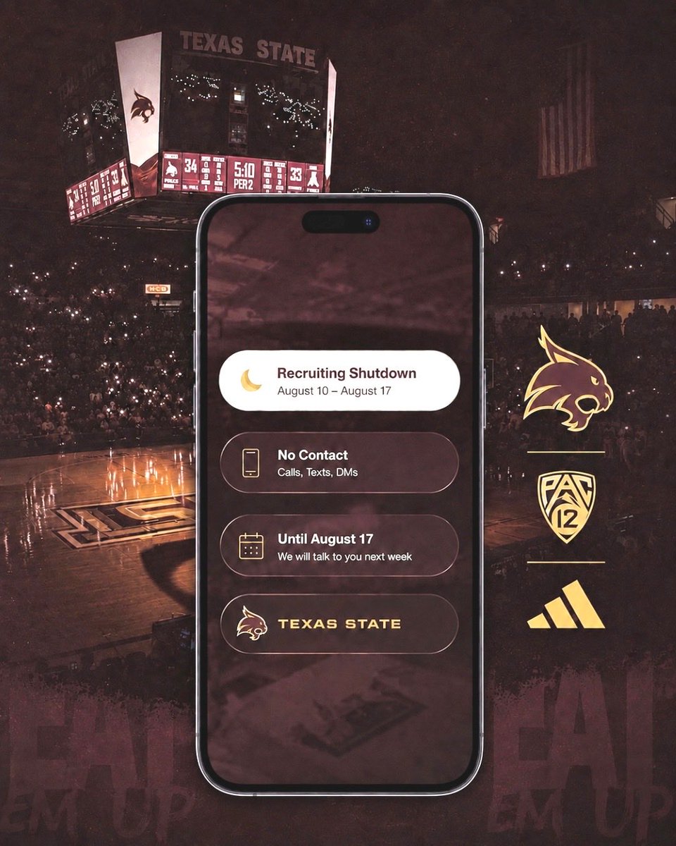 TXStateWBB's tweet photo. Bobcat Hibernation 🐾💤

Do Not Disturb has been turned on for the NCAA Recruiting Shutdown 📵

🚫 Calls
🚫 Texts
🚫 Emails
🚫 DMs
🚫 Off-campus evaluations
🚫 On-campus visits

We’re counting down the days until August 18, when we can wake up &amp; connect with our future Bobcats 😸 https://t.co/lKz58jQBNP