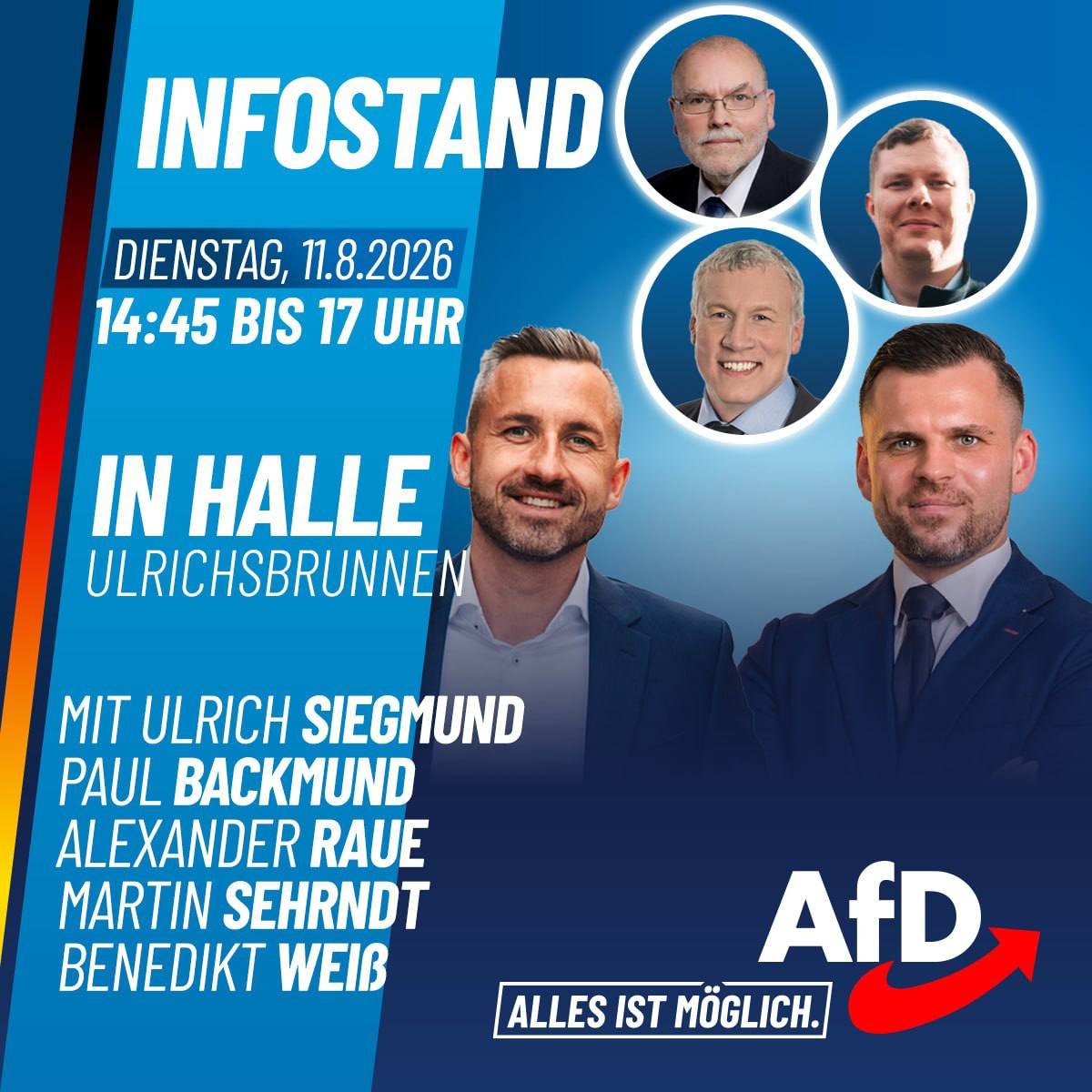 JungerHallenser's tweet photo. Morgen Infostand mit @UlrichSiegmund @PBackmund @BWeissAfD Alexander Raue und Martin Sehrndt. Kommt vorbei, wird gut💪 https://t.co/qayw6CeBNr