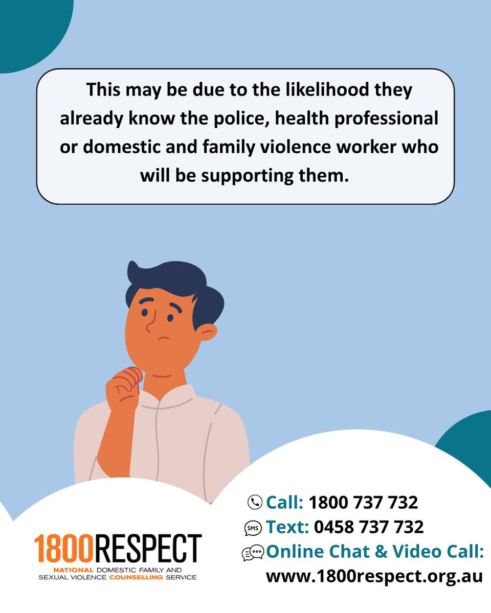 1800RESPECT's tweet photo. For people living in rural, regional and remote areas, accessing local resources and support for domestic, family and sexual violence may be difficult. This can be due to physical barriers like limited local support services, lack of transport and poor network coverage.

There are also additional barriers, for example – low confidence in the confidentiality of support due to the likelihood that the police, health professional or case worker may know them personally. This can cause a potential risk or reluctance to reach out.

1800RESPECT is available 24/7, nationwide, so you can contact us at a time that suits you: 
📞 Call 1800 737 732 
📱 Text 0458 737 732 
💻 Visit https://t.co/65chOxKh8h for online chat and video call services

(Image text: For people experiencing domestic, family and sexual violence in rural, regional and remote communities it can be hard to reach out for support. Why? A common reason is that there is a high likelihood they already know the police, health professional or domestic and family violence worker who will be supporting them.)

#1800RESPECT #counselling #support #relationships #sexualviolence #rural