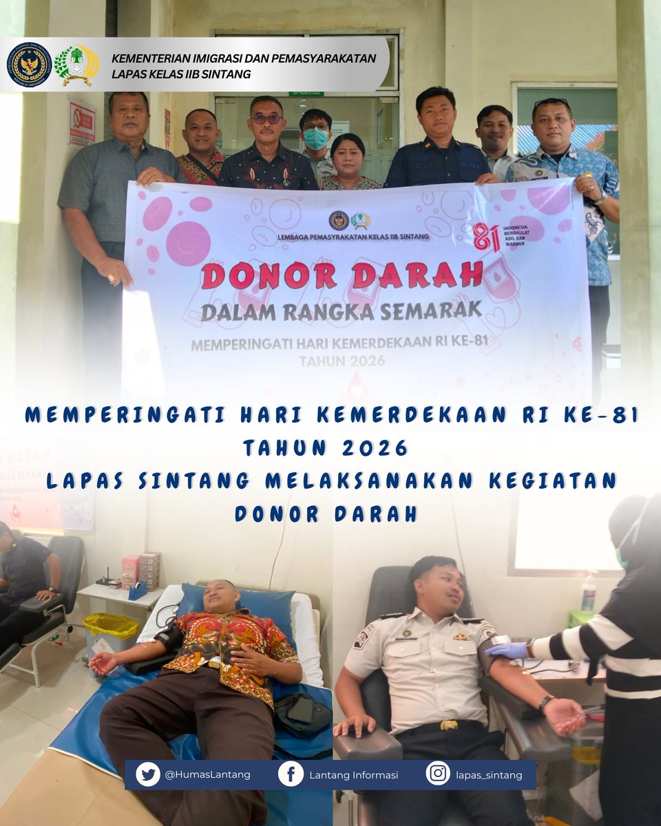 HumasLantang's tweet photo. Dalam rangka Hari Kemerdekaan Republik Indonesia yang ke 81, Lapas melakukan kegiatan Donor di RSUD ADE M DJOEN Sintang. Kegiatan tersebut diawal dengan Skrining oleh petugas Rumah Sakit terhadap 12 Orang Pegawai. https://t.co/P5tVV6lp8a