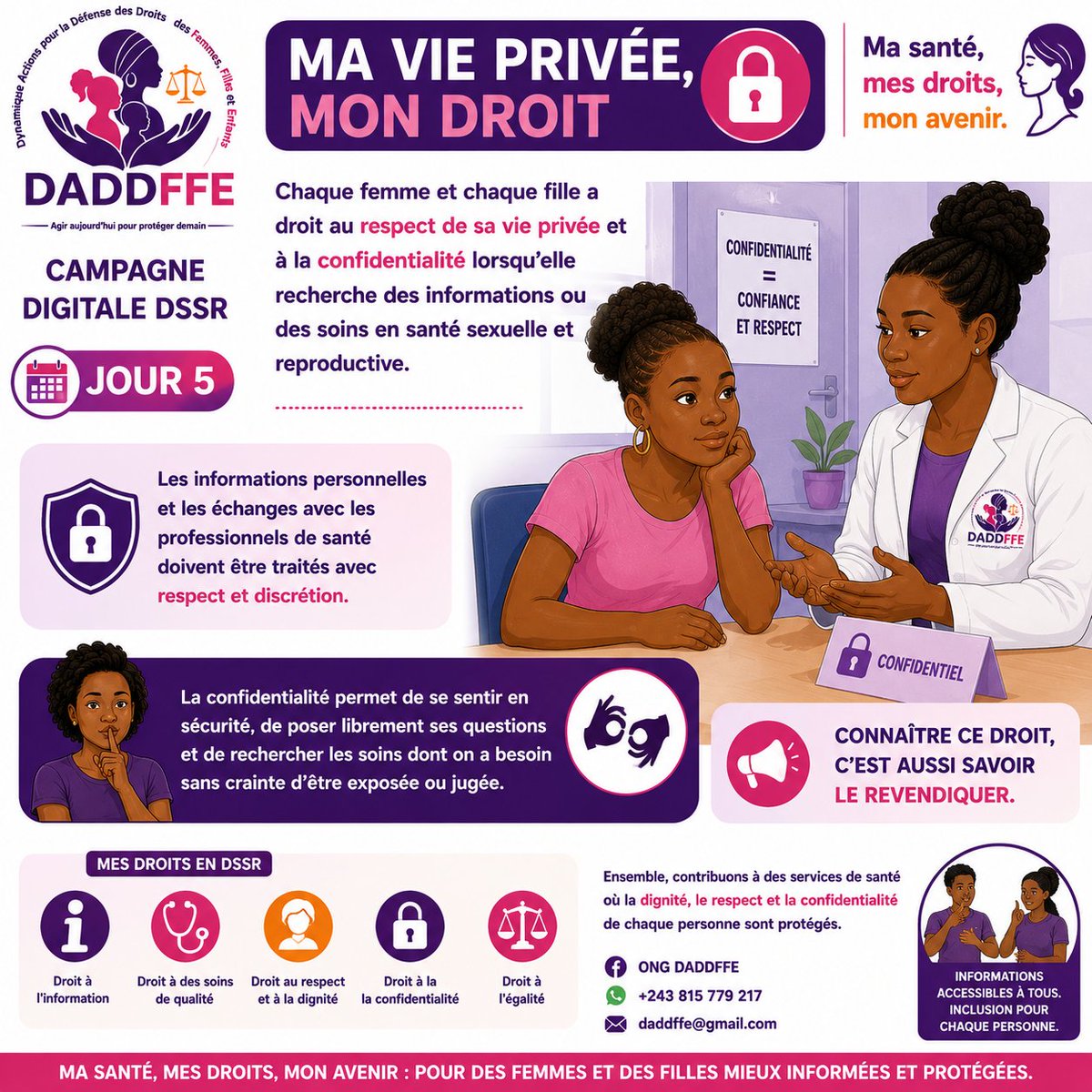 DADDFFEong's tweet photo. 📅 JOUR 5 | CAMPAGNE DIGITALE DSSR
🔐 Ma vie privée, mon droit.
Chaque femme et chaque fille a droit à la confidentialité et au respect de sa vie privée dans l’accès aux soins DSSR.
📢 Ma santé, mes droits, mon avenir.
#DSSR #DADDFFE #DroitsDesFemmes #Confidentialité https://t.co/wfN3uLmN05